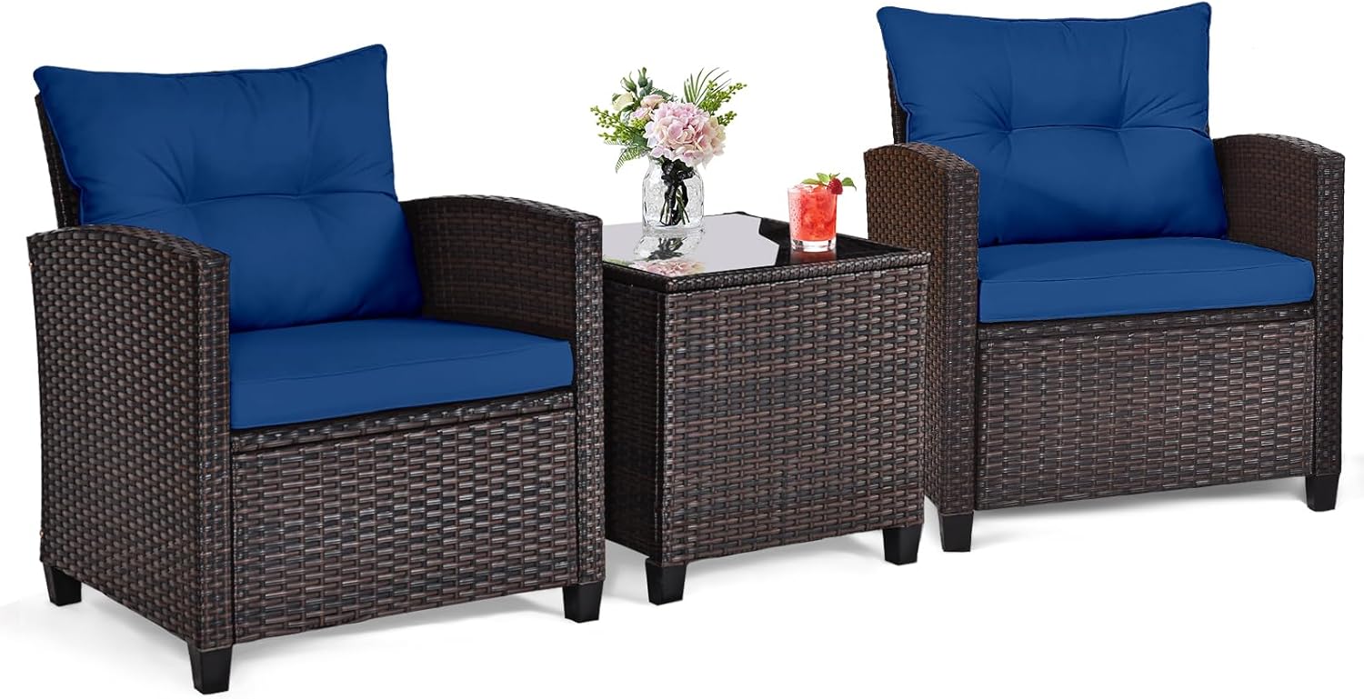 Outdoor Furniture Table - 네이비 블루 라탄 위커 3피스 야외