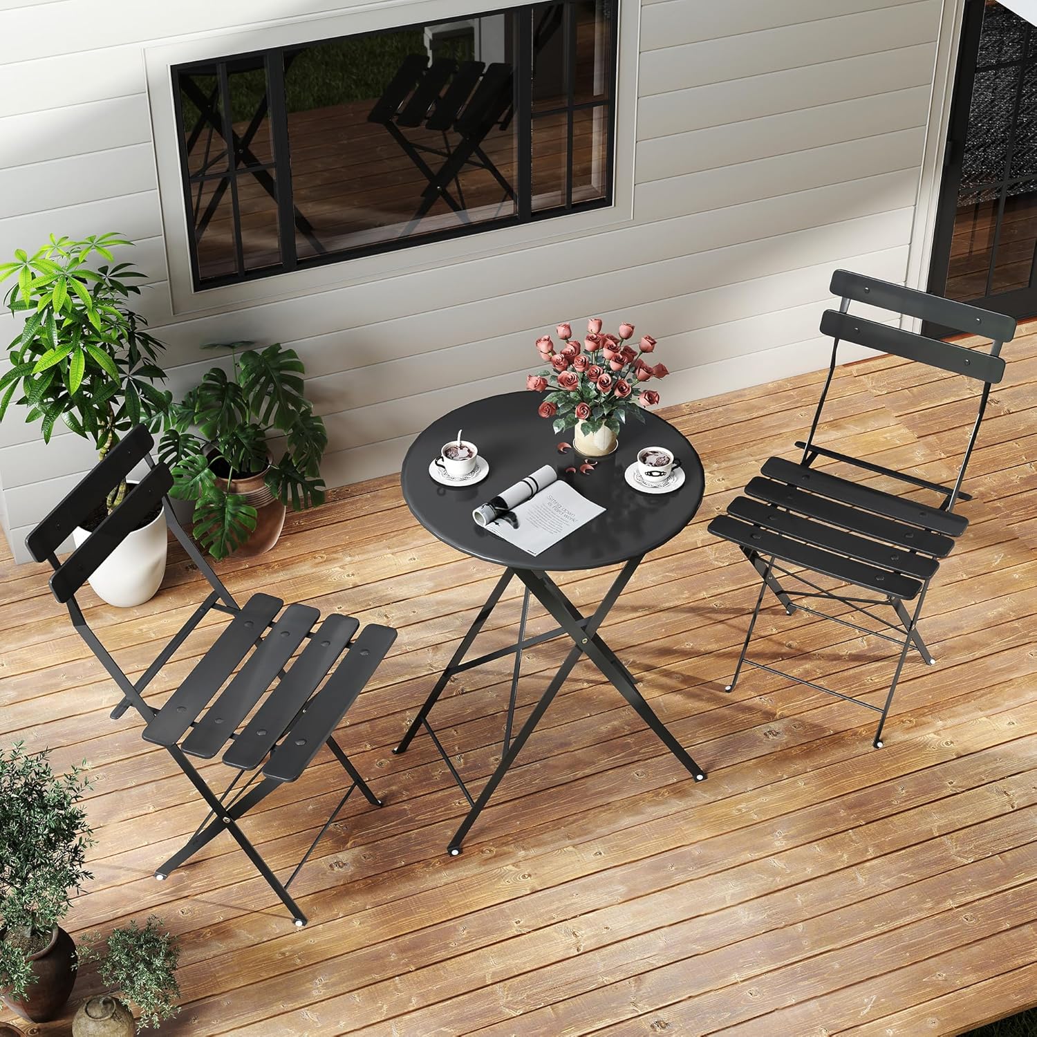공간 절약형 검정색 3피스 접이식 야외 비스트로 세트, - Outdoor Furniture Table 리뷰 및 가격